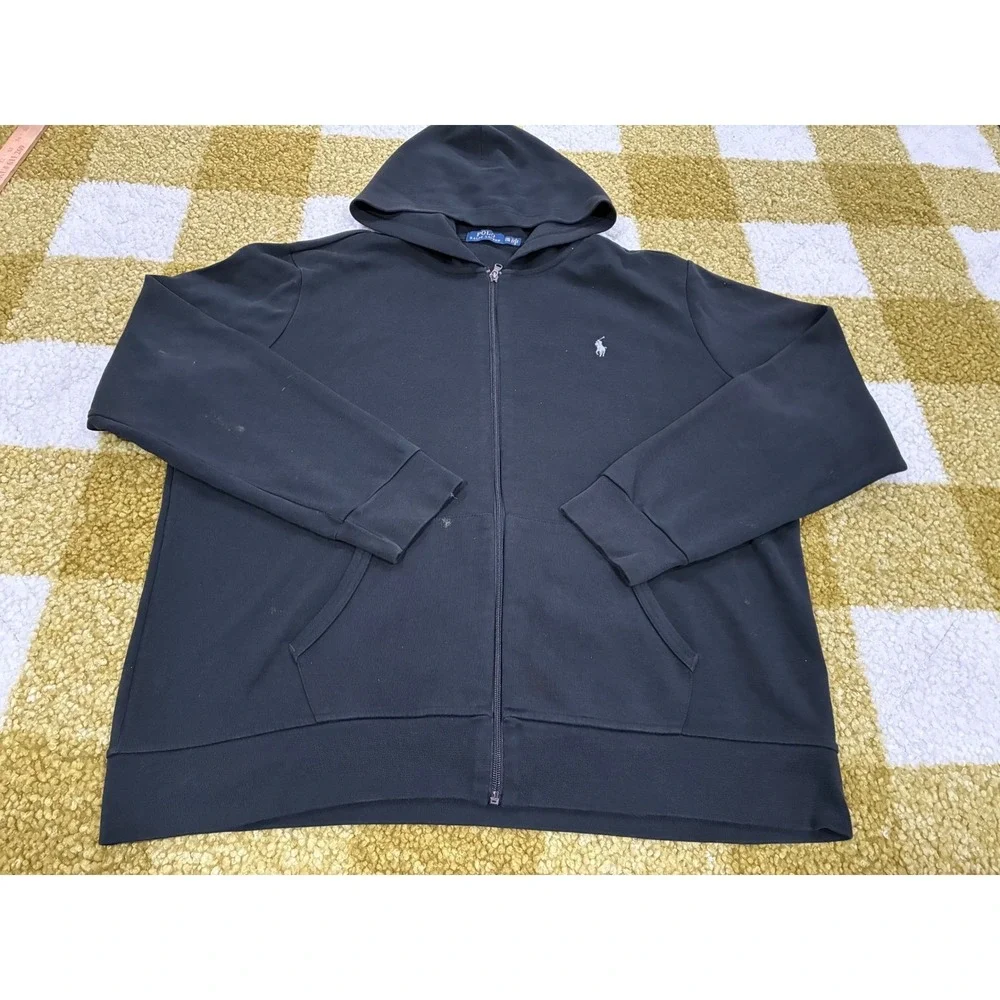 Polo Ralph Lauren Men XXL Black Double Knit Full Zip Hoodie Pony Logo Sweatshirt